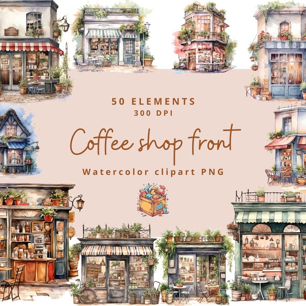 50 Spring Coffee shop clipart, cafe clip art, png. Digital watercolor. Free commercial use, scrapbooking. Romantic cafe illustration