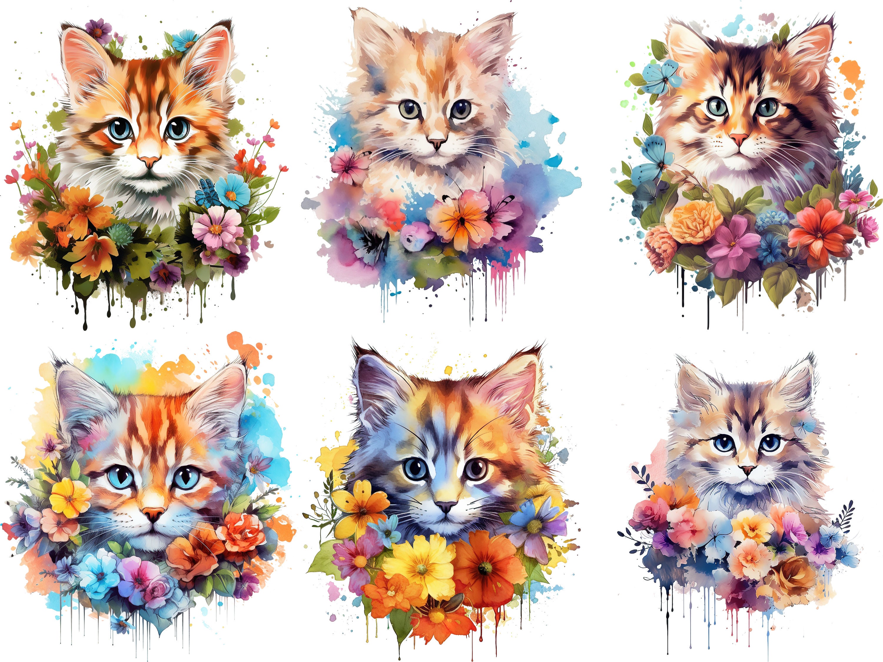 18 Floral Cats Watercolor Clipart, Cute Cat Baby Shower Graphics, Cats ...