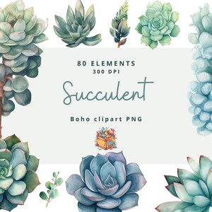 Watercolor Succulents Clipart: 80 PNG Leaves, Greens (Digital Download)