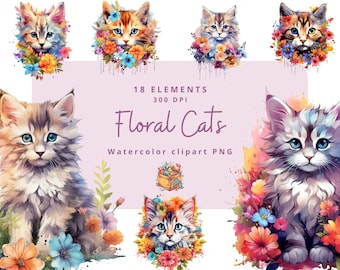 18 Floral Cats Watercolor Clipart, Cute Cat Baby Shower Graphics, Cats instant png, Nursery Decor Wall Art, Animal PNG