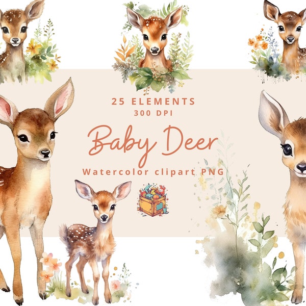25 Baby-Hirsch-Aquarell-Cliparts, niedliche Hirsch-Baby-Dusche-Grafiken, Hirsch sofortige png, Kinderzimmer-Dekor-Wand-Kunst, Zoo-Tier