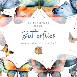 64 Watercolor butterflies, Butterfly clipart, Summer clipart, instant download, PNG