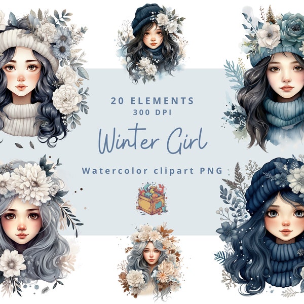 20  Winter Girls Floral Clipart, Watercolor Clipart, Flower girl clipart PNG set, Scrapbook, Junk Journal, Paper Crafts, Winter