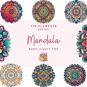 100 Clipart di Mandala Boho, Collage Boho Moderno, Clipart di Mandala, Boho, Forme Boho, Clipart estive, download immediato, PNG