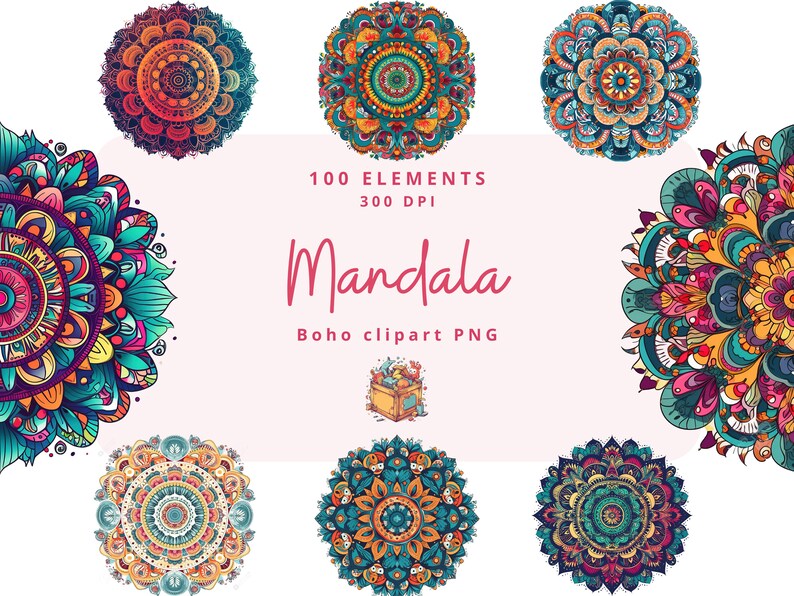 100 Boho Mandalas Clipart Modern Boho Collage Mandala Etsy
