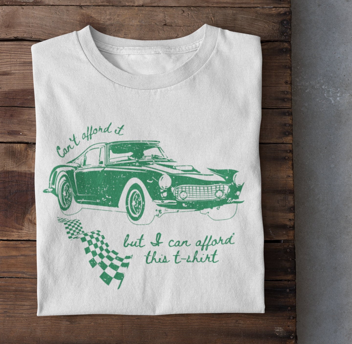White & Green Vintage Car T-shirt, Humorous Vintage Car T