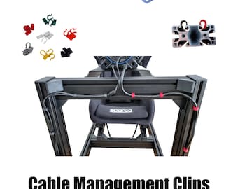 May include: A black sim racing rig with cable management clips in various colors, including red, green, and yellow. The image also shows a close-up of an aluminum profile and the "RETEC 3D" logo. The text reads "Cable Management Clips for Rig, SimRig, Aluminum profile I-Typ Nut 8."