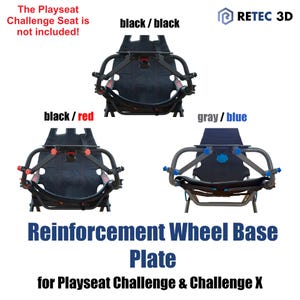 Könnte beinhalten: Drei Verstärkungs-Radbasisplatten für Playseat Challenge und Challenge X. Die Platten sind schwarz/schwarz, schwarz/rot und grau/blau. Der Text auf dem Bild lautet "Reinforcement Wheel Base Plate for Playseat Challenge & Challenge X."