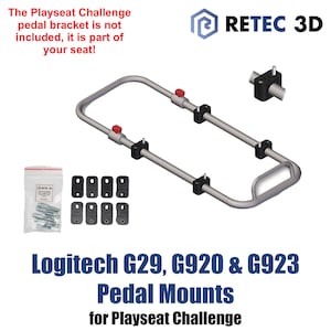 May include: A silver pedal mount for Playseat Challenge, featuring black mounting brackets and red adjustment knobs. The image includes a bag of screws and the text "Logitech G29, G920 & G923 Pedal Mounts for Playseat Challenge."