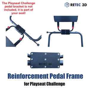 Puede incluir: Marco de pedal de refuerzo negro para Playseat Challenge. La imagen muestra el soporte del pedal en tres vistas diferentes. El texto de la imagen dice "¡El soporte del pedal Playseat Challenge no está incluido, es parte de tu asiento!" y "Marco de pedal de refuerzo para Playseat Challenge."