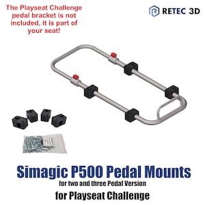 Puede incluir: Soportes de pedales Simagic P500 para Playseat Challenge. La imagen muestra un marco de metal plateado con bloques de montaje negros y perillas de ajuste rojas. También se incluye una pequeña bolsa de hardware y bloques negros adicionales.