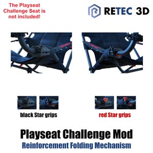 Può includere: Immagine di un Playseat Challenge Mod con un meccanismo di piegatura rinforzato. L'immagine mostra il sedile con impugnature Star nere e rosse. Il testo "The Playseat Challenge Seat is not included!" è visibile.