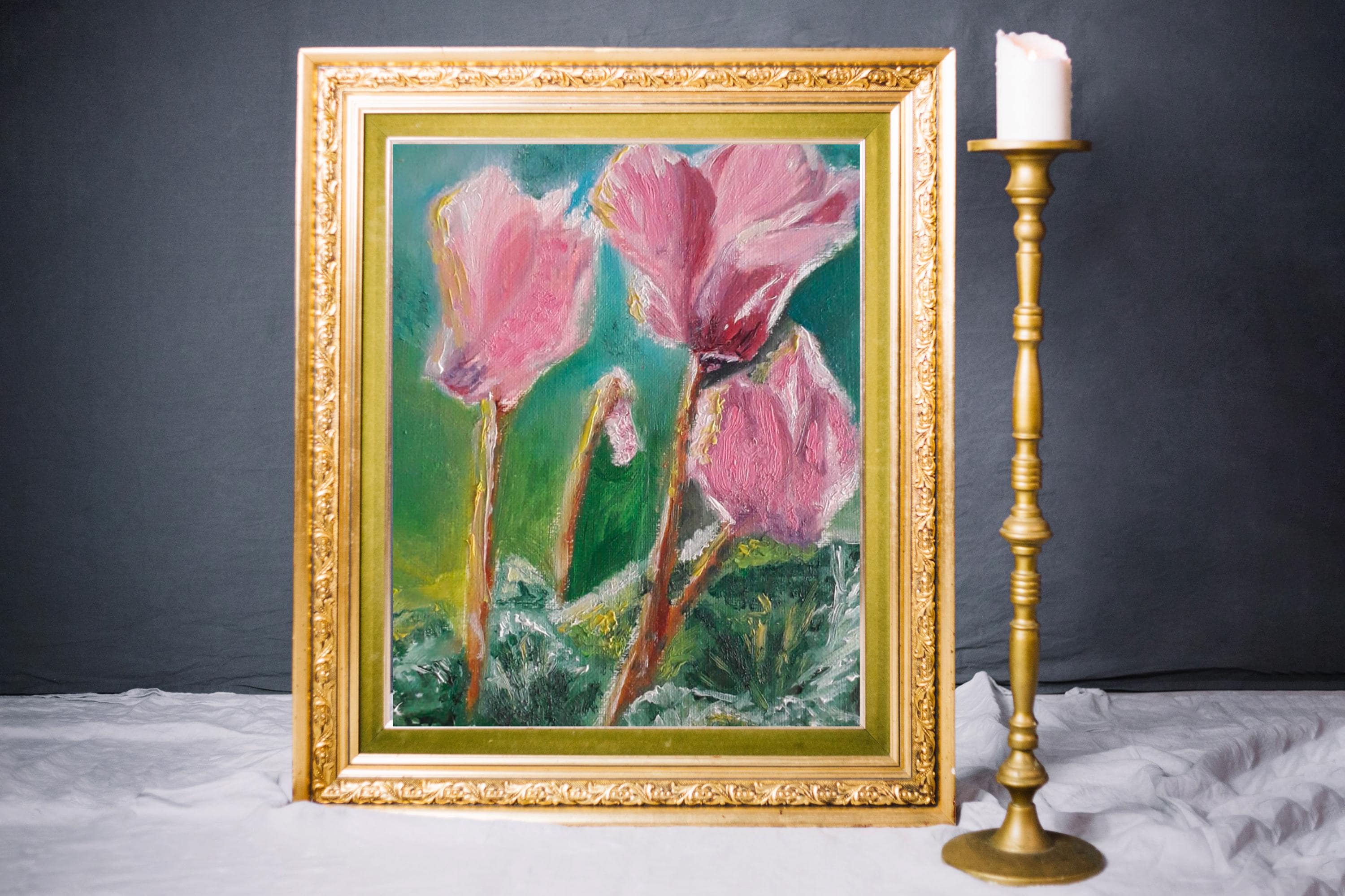 オリジナル油絵 シクラメンの花 ハンドメイド ボタニカル ウォール