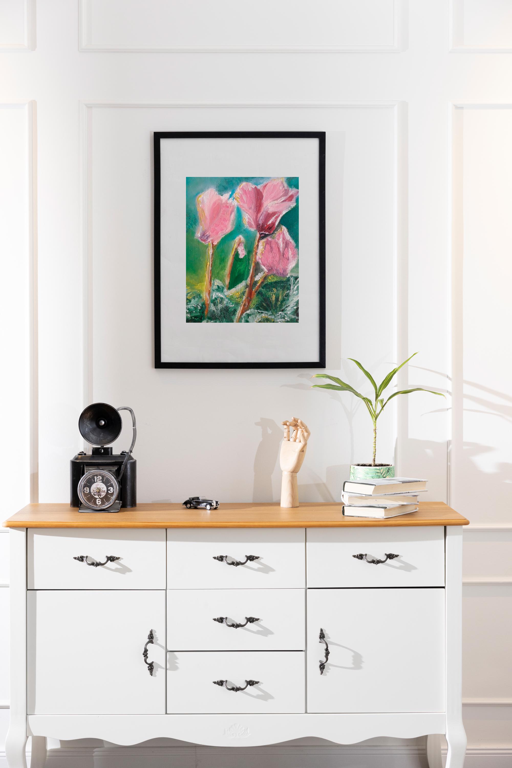 オリジナル油絵 シクラメンの花 ハンドメイド ボタニカル ウォール