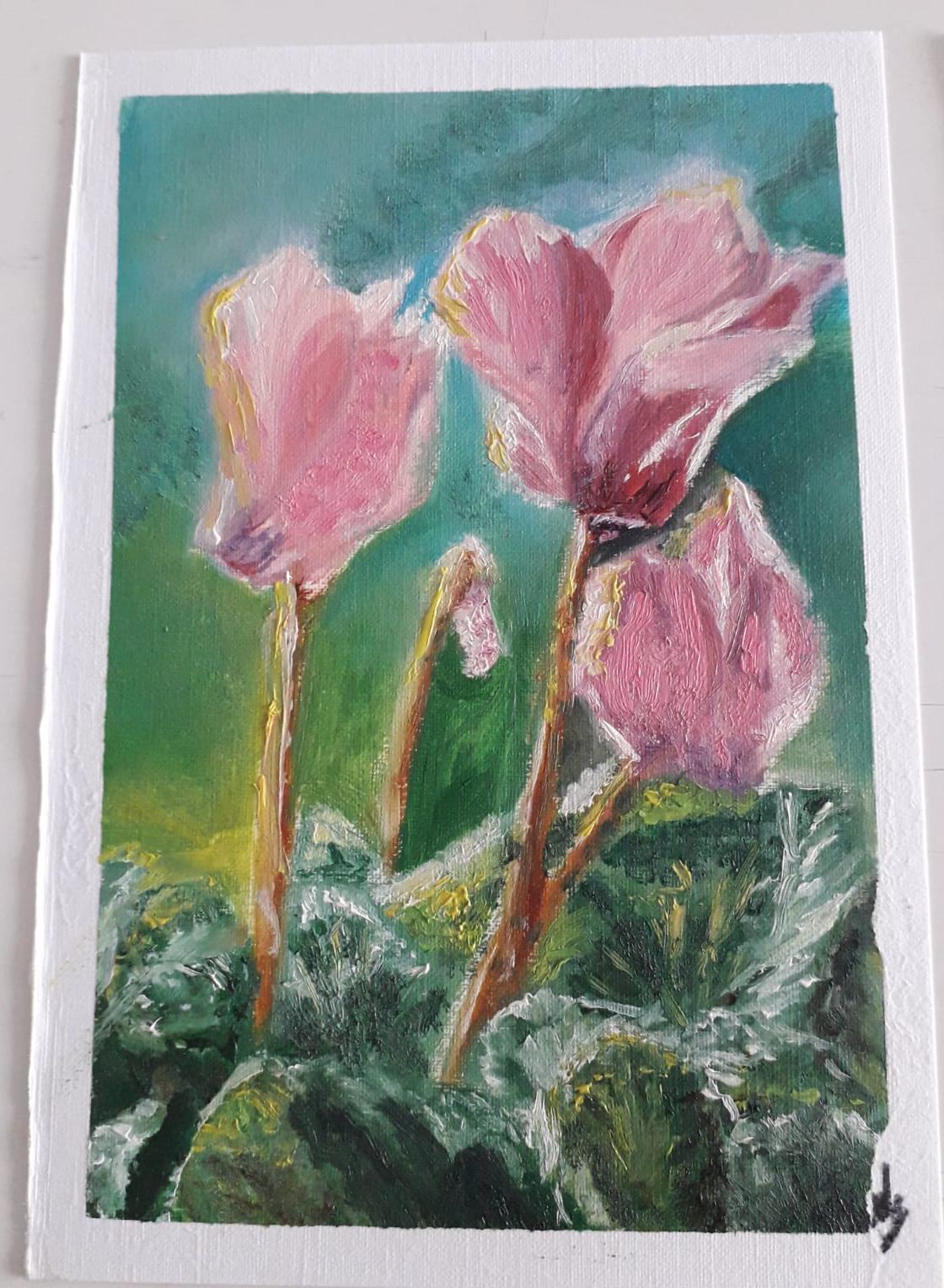 オリジナル油絵 シクラメンの花 ハンドメイド ボタニカル ウォール