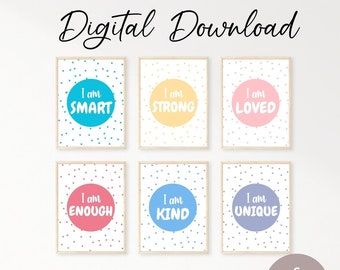 I Am Enough Kids Affirmation, Nursery Wall Art, Positive Affirmation Self-Love Printable, Kids Room Decor, 6 Design Bundle -Instant download