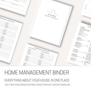 May include: A home management binder template featuring multiple white pages with black text. The pages include a cover titled HOME RECORDS & INFORMATION, a table of contents, and forms for emergency contacts and homeowner information.