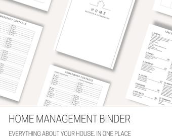Puede incluir: Una plantilla de organizador para el hogar con varias páginas blancas y texto en negro. Las páginas incluyen una portada titulada HOME RECORDS & INFORMATION, una tabla de contenidos y formularios para contactos de emergencia.