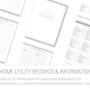May include: A black and white printable home utility tracker template with editable pages. The template includes sections for utility providers, shutoff information, and payment records.