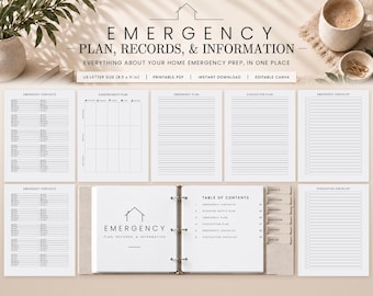 May include: A printable emergency plan, records, and information binder set in A4 size. Includes templates for emergency contacts, disaster safety plans, evacuation plans, and checklists with a table of contents for home organisation.