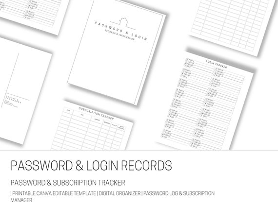 Password & Subscription Tracker | Printable Canva Editable Template | Digital Organizer | Password Log
