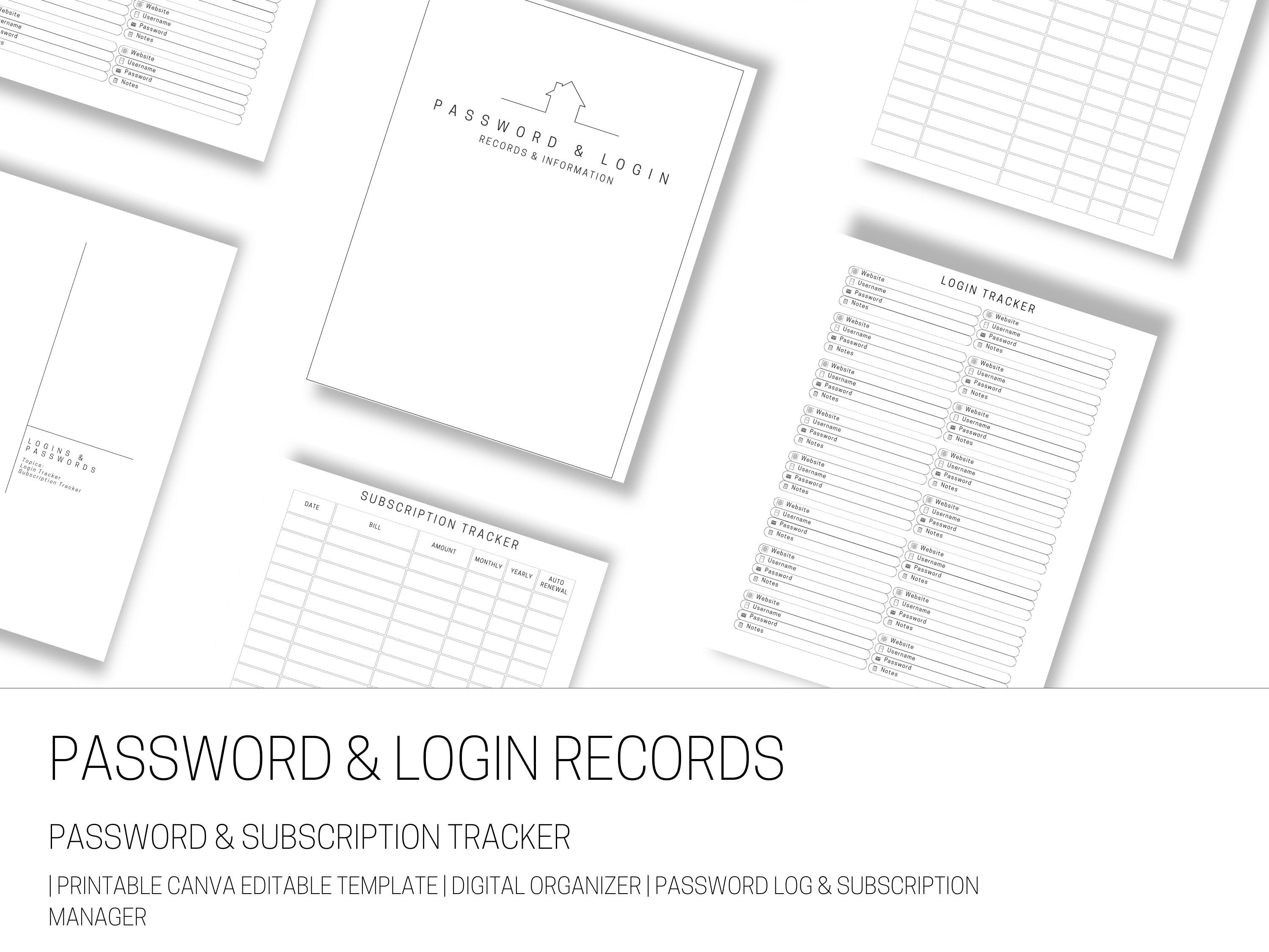 Password & Subscription Tracker | Printable Canva Editable Template ...