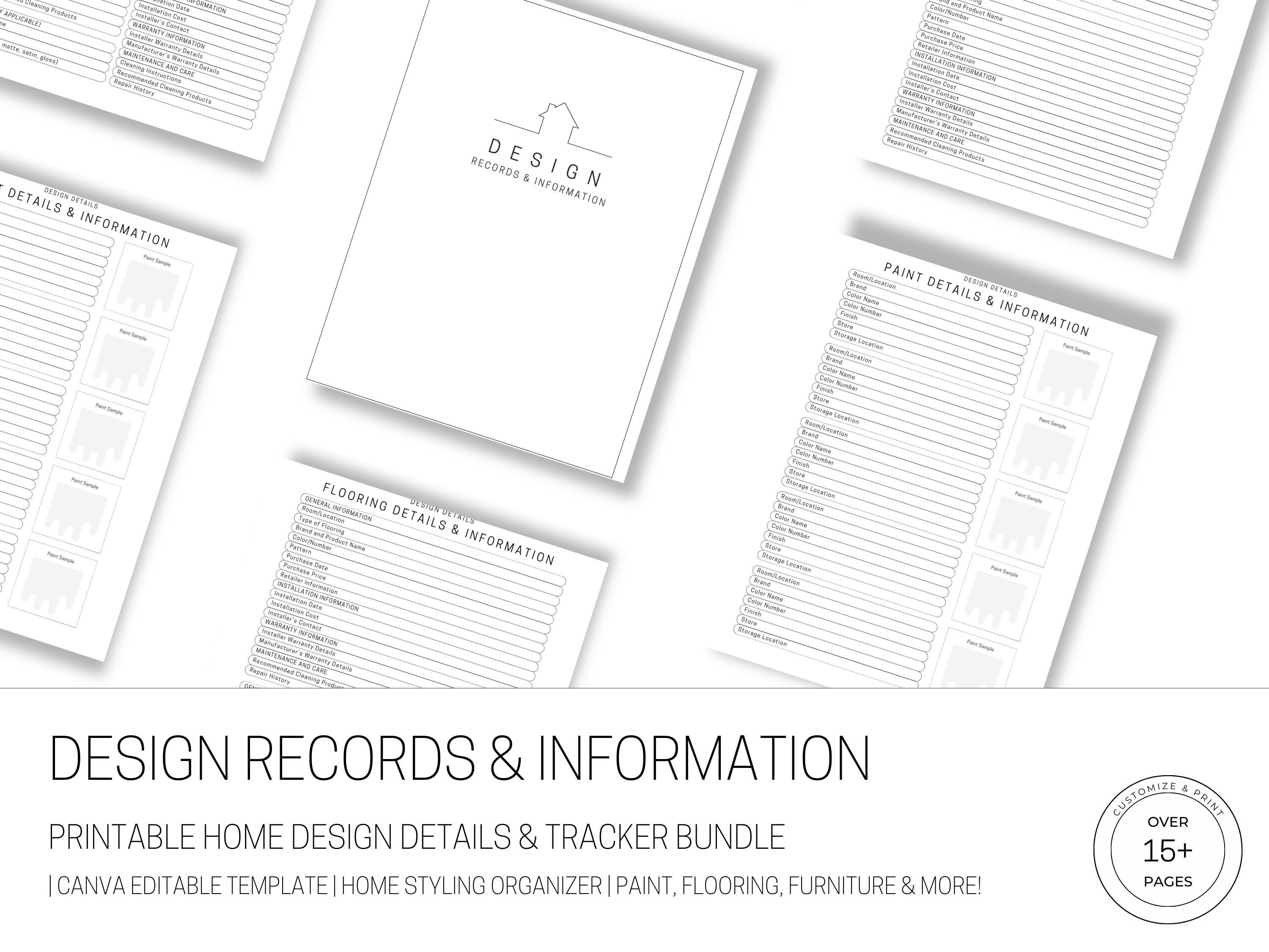 Home Design Details & Tracker Bundle | Printable Canva Editable Template | Home Styling Organizer | Paint, Flooring, Furniture