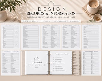 May include: A home design records and information binder set featuring printable pages for paint, flooring, kitchen, bath, and furniture details. The documents include a table of contents and contractor contact lists in US letter size 8.5 x 11 inches.