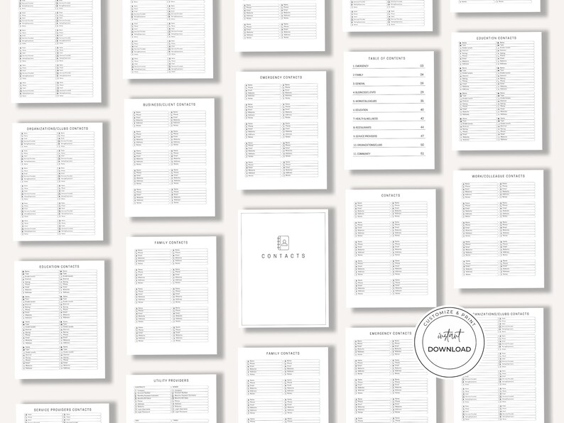 Contacts Organizer Printable & Editable Canva Template Contact