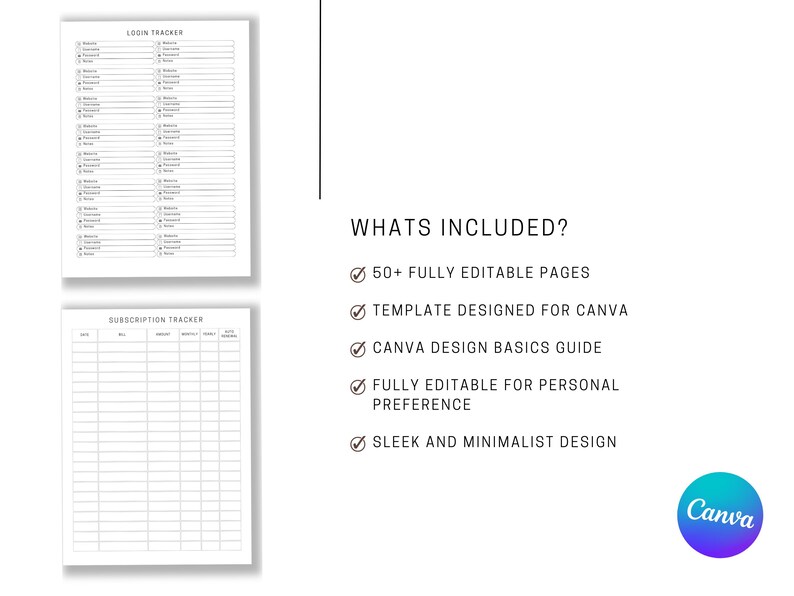 Password & Subscription Tracker | Printable Canva Editable Template ...