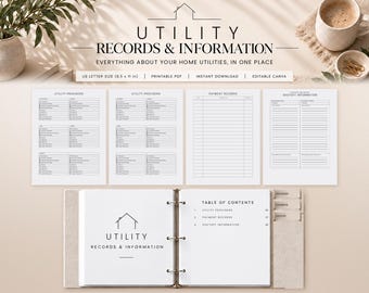 May include: A printable utility records and information binder set featuring a table of contents, utility provider lists, payment records, and shutoff information pages. The documents are US letter size, 8.5 x 11 inches, and designed for home organization.