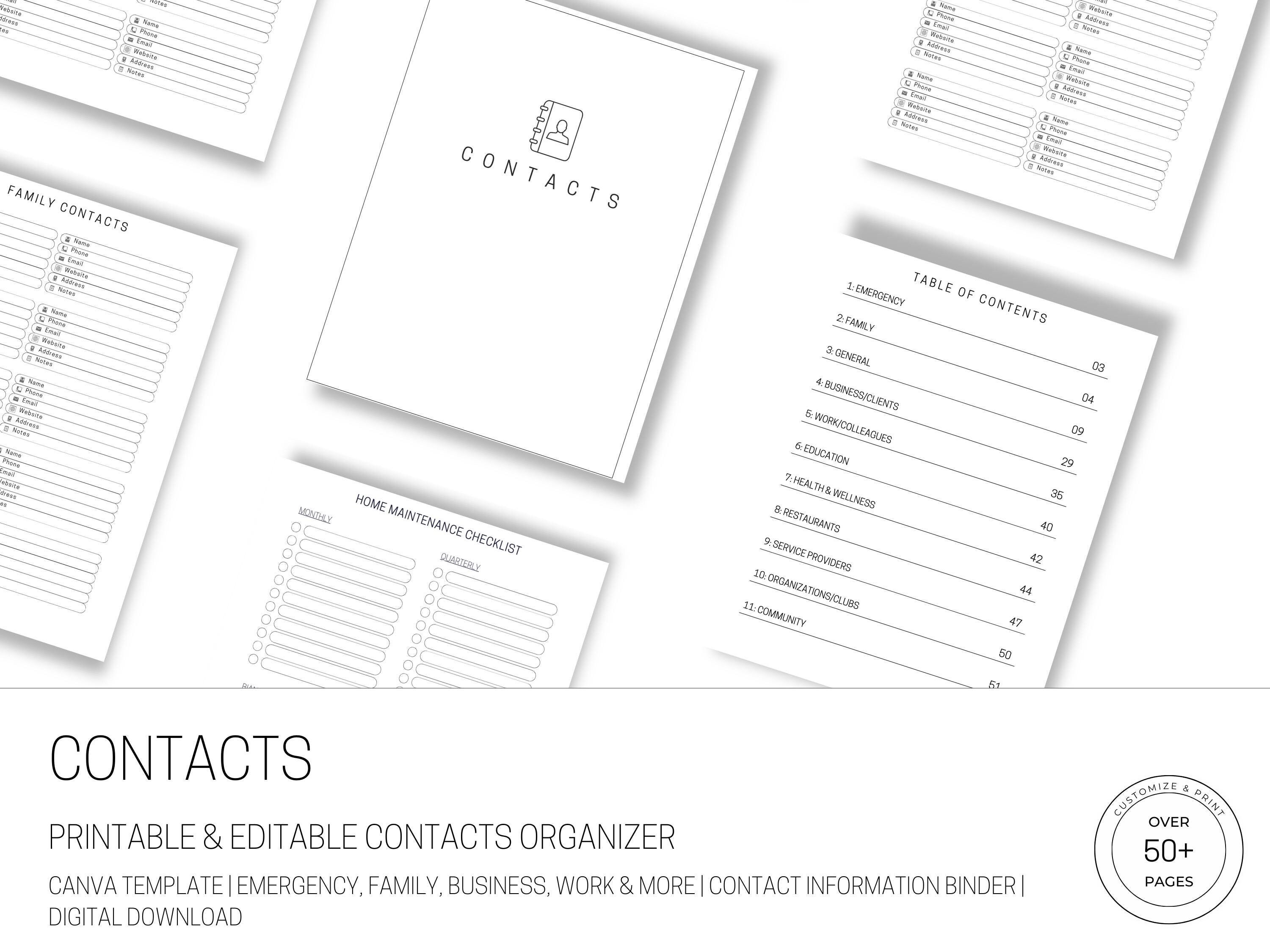 Contacts Organizer Printable & Editable Canva Template Contact