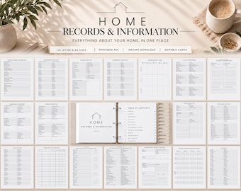 May include: A digital home records and information binder template set featuring a central open planner with a table of contents, surrounded by various printable document pages for home management, including finance, utility, and maintenance logs.