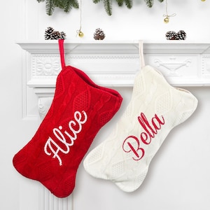 Personalized Dog Bone Christmas Stockings with Name, Bone Holiday Stocking for Dog,Knitted Embroidered Pet Stocking