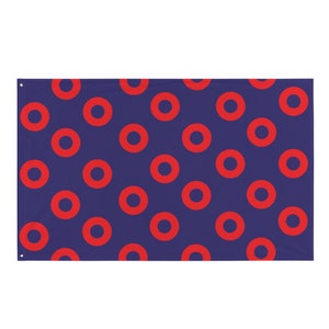 May include: A blue flag with a repeating pattern of red donuts. The donuts are a simple circle with a hole in the center.