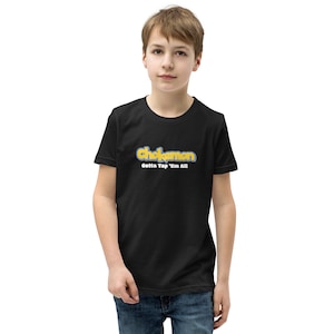 May include: Black youth t-shirt featuring a yellow and blue graphic that reads "Chokeman" and "Gotta Tap 'Em All".