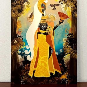 May include: An artistic painting depicts a figure in a yellow and orange gown, holding a fan and flowers. The figure has long white hair and a golden headdress, set against a backdrop of trees and birds. The artwork has a spiritual or mythological theme.
