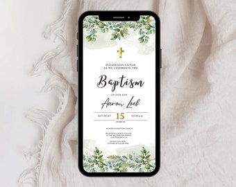 Electronic Baptism Invitation Template, Greenery Baptism Invite, Christening Evite, Digital Baptism Invitation, Baptism Phone Invite ba-001