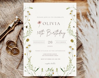 Wildflower 30th Birthday party invitation template, wildflower invitation boho birthday invitation, garden party birthday flowers invitation