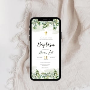 Electronic Baptism Invitation Template, Greenery Baptism Invite, Christening Evite, Digital Baptism Invitation, Baptism Phone Invite ba-001