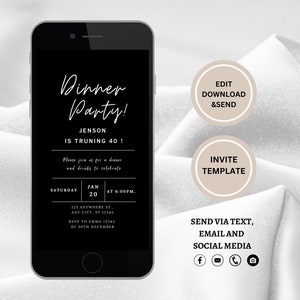Editable Dinner Party Invitation Template ,Digital Mobile Invitation Download, Simple Modern birthday Dinner Invitation, Text Evite