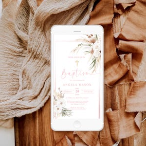 BOHO Blush Taufe digitale Einladung Pampasgras rosa Rose Taufe Telefon einladen Vorlage Taufen Text einladen Telefon einladen -N5