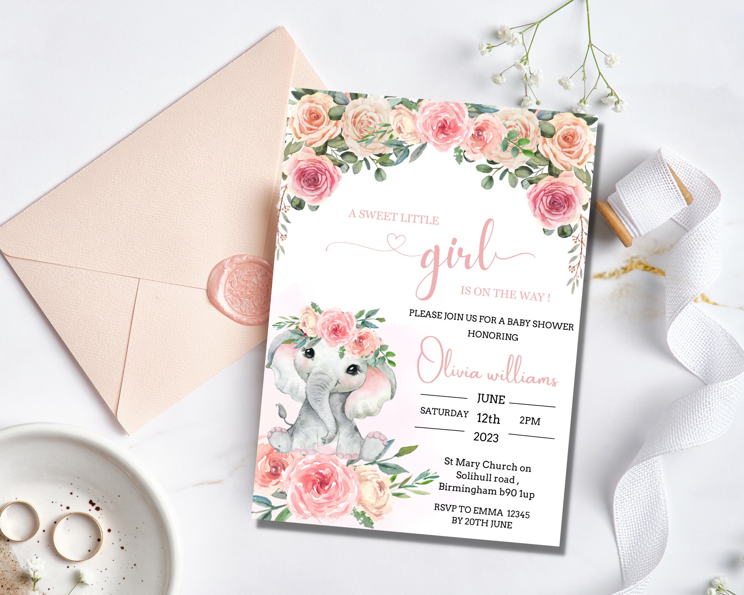 EDITABLE Blush Pink Rose Gold Elephant Baby Shower Invitation Girl Baby ...