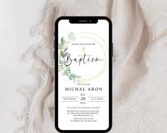 Electronic Baptism Invitation Template, Greenery Baptism Invite, Christening Evite, Digital Baptism Invitation, Baptism Phone Invite ba-N6