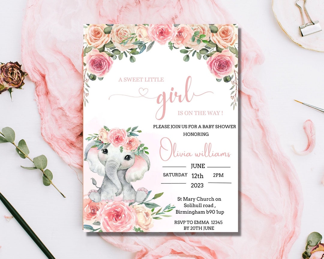 EDITABLE Blush Pink Rose Gold Elephant Baby Shower Invitation Girl Baby ...
