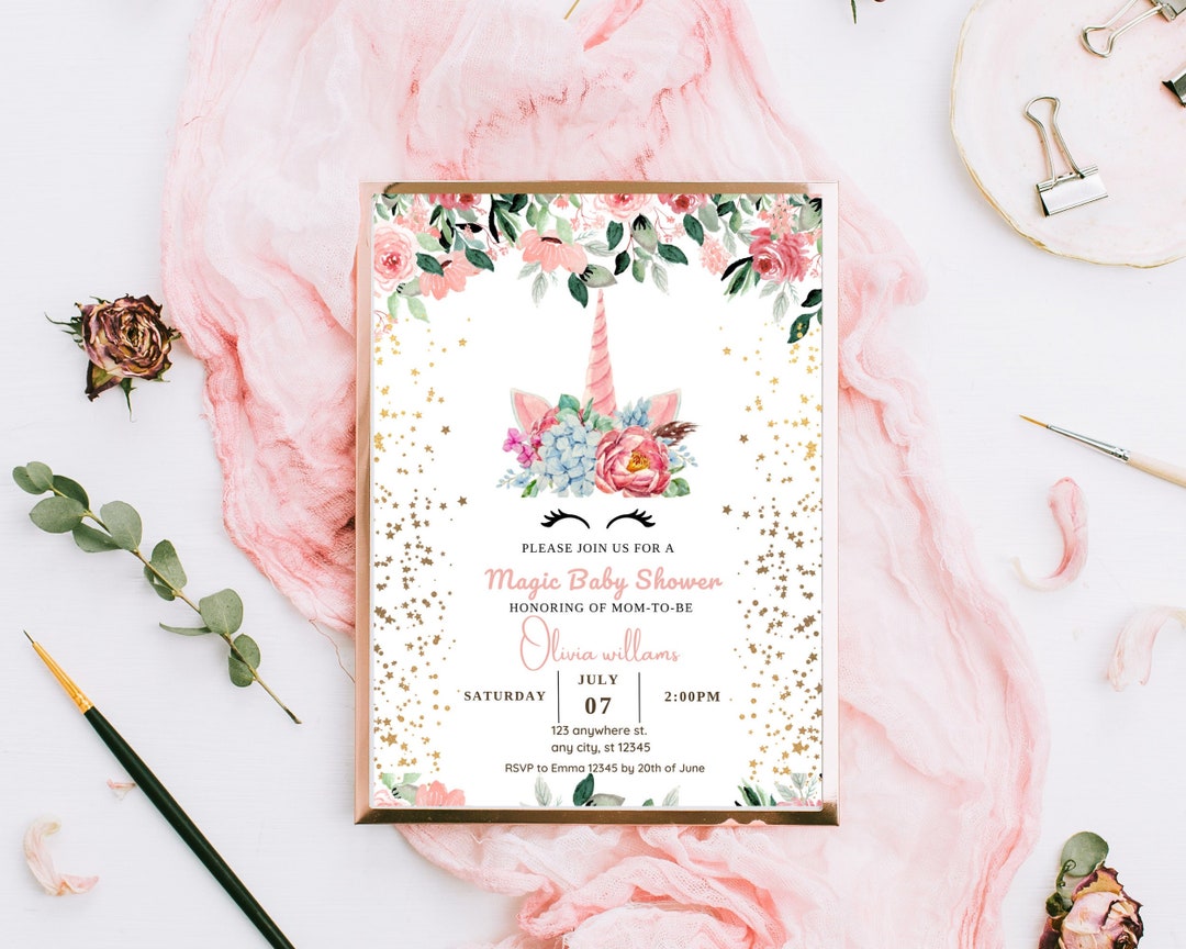 Editable Unicorn Baby Shower Invitation, Floral Unicorn Baby Shower