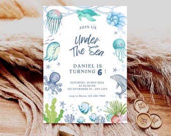 Editable Ocean animals boys Birthday Invitation template/Under the Sea blue  invite /1st Birthday Invite/Oneder the Sea Birthday Invitation