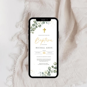 Minimalist Greenery Baptism Invitation text evite, Christening Invite, Religious Cross, Printable Baptism, Greenery Baptism Invitation evite