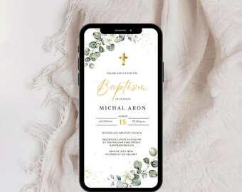 Minimalist Greenery Baptism Invitation text evite, Christening Invite, Religious Cross, Printable Baptism, Greenery Baptism Invitation evite