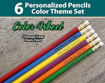 Color Wheel Rainbow Primary Theme | Set of 6 Personalized Pencils Custom Engraved Gifts School Teacher Students Birthday Holiday Presents